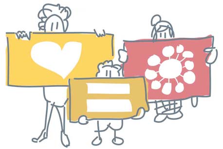 Il·lustració de tres persones aguantant tres pancartes que simbolitzen la campanya de Drets i Deures del Departament de Salut de la Generalitat de Catalunya